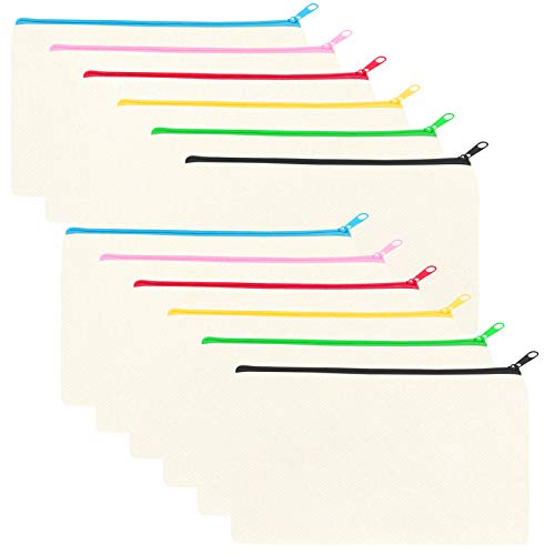 12 Pack Blank Canvas Makeup Bag- Bulk Cosmetic Bags with Multi-Color Zipper, Multipurpose Canvas Zipper Pencil Case Pouch, Travel Toiletry Pouch, DIY Craft Gift Bags for Women Girls (Beige)