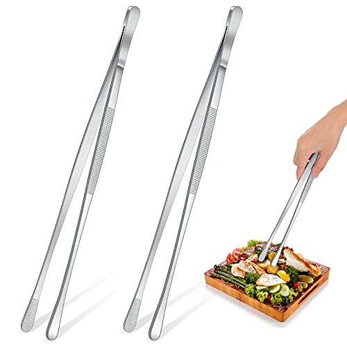 Perthlin 2 Pieces 12 Inch Tweezer Tongs Extra-long Kitchen Stainless Steel Cooking Tweezers with Round Tip Cooking Tongs for Grill, BBQ, Pasta