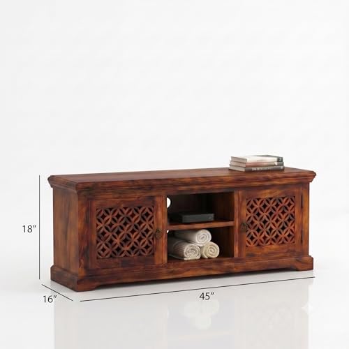 Image of Sheesham Wood Entertainment TV Unit Cabinet with 2 Drawer and 2 Shelf Storage for Home Living Room Solid Wooden Furniture for Hall & Office Decor - (Honey Finish)