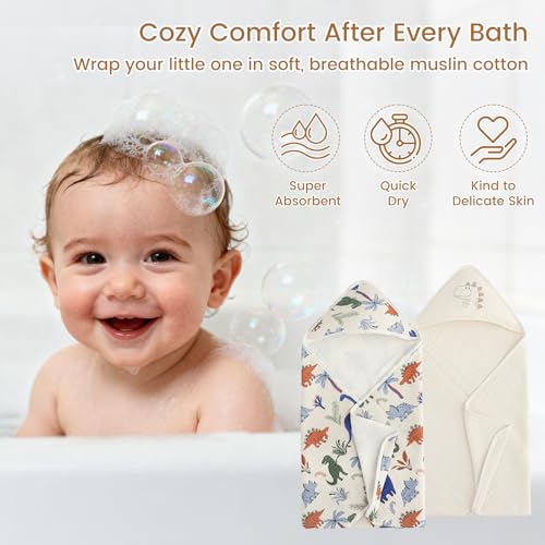 Image of david's kids 2 Pack Hooded Baby Towels, Large 32 inchx32 inch, 6 Layer 100% Muslin Cotton Highly Absorbent Boy Bath Towel for Newborn, Infant and Toddler, Soft and Breathable Baby Essentials, Dinosaur Story
