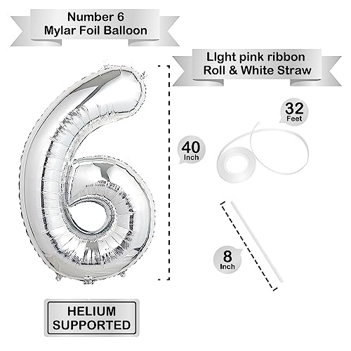 Image of 40 Inch Silver Number Balloons, Helium Mylar Foil Number Balloons for Birthdays, Number 6 Balloon for Party Wedding Bachelorette Birthday Bridal Shower Anniversary Celebration Party Decorations