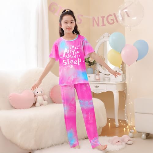 Image of FIOBEE Girls Pajamas Sets 2PCS Summer Pajama Sleepwear Kids Pjs Clothes Short Sleeve for Teen Girl Size 3-14