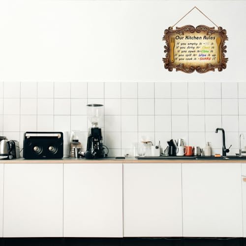 Image of PNF Poster And Frames OUR KITCHEN RULES Quote Wall art & Door Hanging Frame For Kitchen, Dining, restaurants Decor | Walland home Decor for Living Room | Room Decor Wall Decor Items For Bedroom | (Wooden, 11x9 Inch,brown)1-1