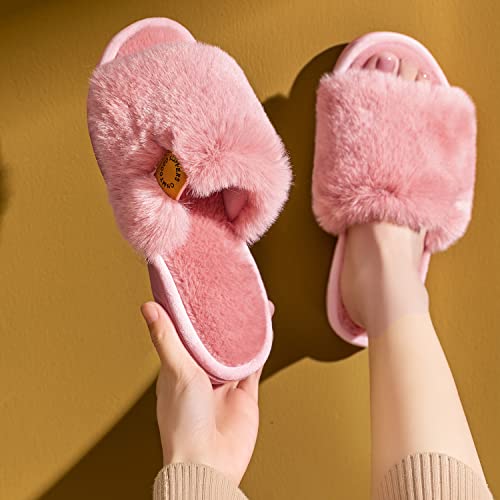 Onmygogo Indoor Slippers for Women Open Toe with Memory Foam, Soft Faux Fur Nonslip House Slippers2