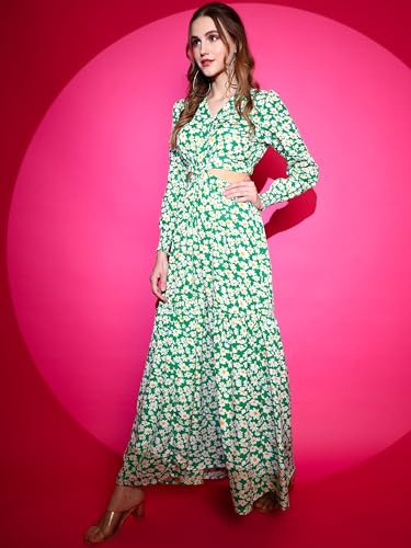 Image of Sheetal Associates Women's Crepe Fit and Flare Printed Full Sleeve V-Neck Casual Dress
