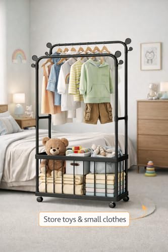 Image of Raawan Heavy Duty Double Rod Clothes Rack with Side Storage Shelves | Metal Garment Stand Organizer | Space Saving Cloth Hanger Stand for Bedroom, Living Room & PG (2 LAYER + BOX BLACK)