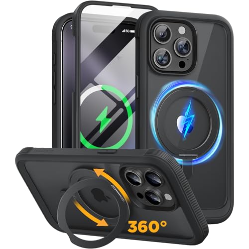 Miracase for iPhone 15 Pro Max Case with 360° Magnetic Ring Stand [Compatible with Magsafe] Full-Body Drop Proof Bumper Phone Case with Built-in 9H Tempered Glass Screen Protector,Black
