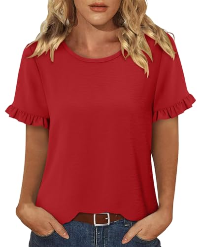 CRAZY GRID Women's Shirts Summer Casual Crewneck Ruffle Short Sleeve Blouses Cute Floral Print Tunic Tops