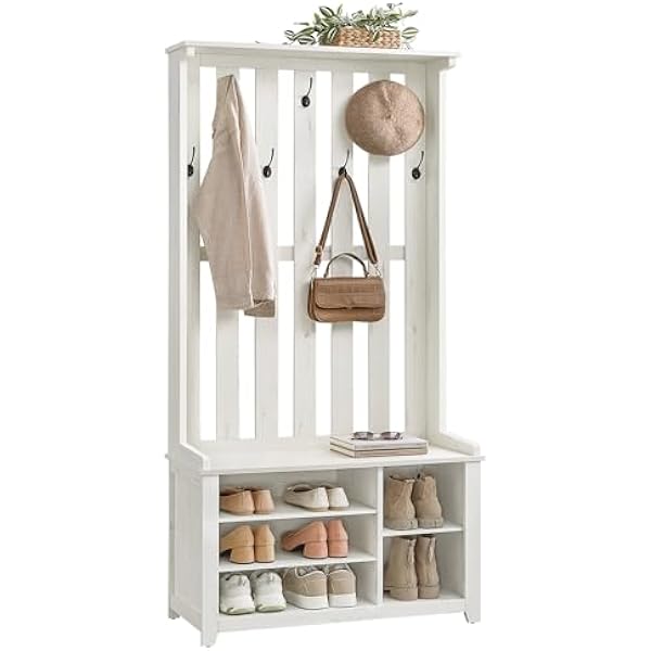 VASAGLE Wieszak na ubrania, ławka na buty, wieszak na ubrania z półką na buty, 7 podwójnych haczyków, kurtki, kapelusze, do wejścia, sypialni, salonu, 35 x 81 x 180 cm, biała chmura HSR414W01