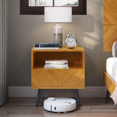 Image of Bme Rhombus Wooden Nightstand with Storage Drawer - Solid Rubber Wood, Geometric Rhombus Pattern Front, Modern Scandinavian Side Table with Metal Base for Bedroom