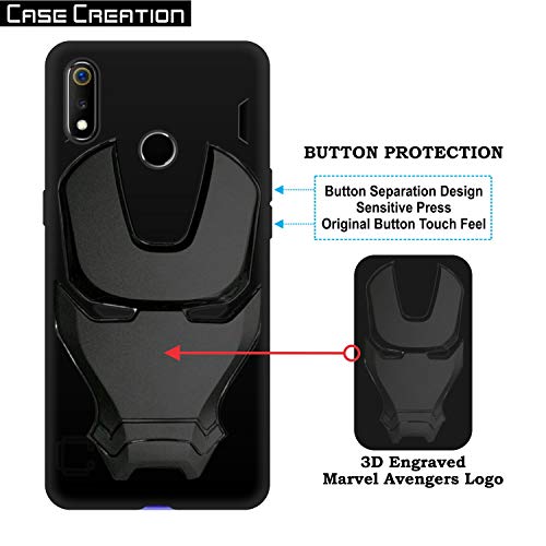 Image of COVERLY Official 3D Touch Feel Trending Avengers Logo Mask Soft Rugged Grip Silicone Iron Man Super Power Cartoon Movie Engraved Silicone Matte Back Cover for Realme 3 (6.53 inch) - Black