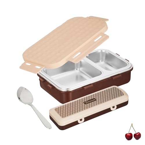 Image of Trueware Crest Lunch Box 2 Compartment Leak-Proof BPA Free Stainless Steel, Lunch Box for Kids, Lunch Box for School & Office with a Spoon, 580 ML (LBK-Crest-Brown BAZ)