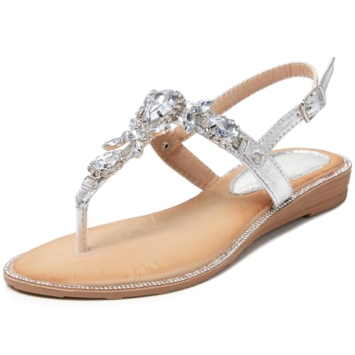 Image of iCKER Women Rhinestone Sandals T-Strap Buckle Bohemian Pearl Crystal Flat Sandals