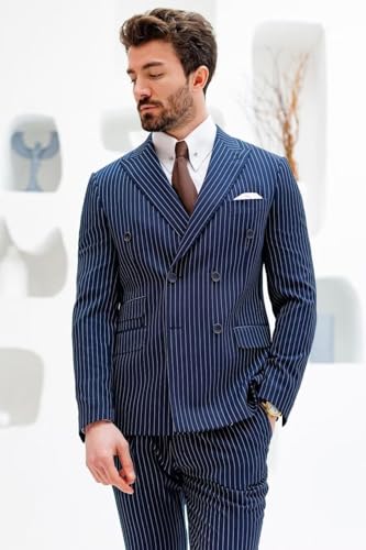 Wangyue Men's Pinstripe Suit 2-Piece Set Double Breasted Business Casual Wedding Party Suit2
