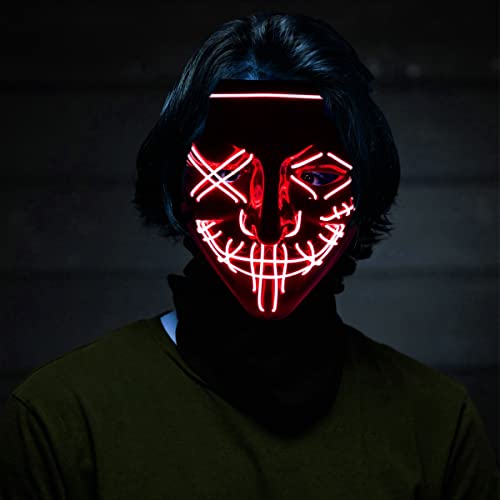 Masque Halloween,Masque led halloween,Masque purge halloween,Masque halloween enfant,Masque lumineux halloween,Masque halloween adulte horreur,Purge Masque,Masque pour FêTe de Carnaval (Rouge) Cover
