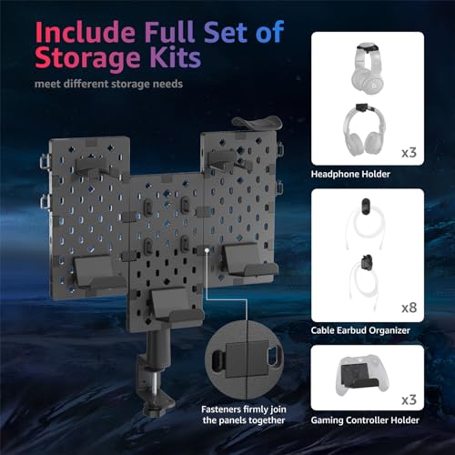 Image of PEGZONE Modular Headphone and Controller Holder for Game, Clamp-on Pegboard, Rotatable Controller Stand with Cable Hooks, Gaming Accessory for Xbox PS5 PS4 Nintendo Switch, 3Pcs Pegboard, Black