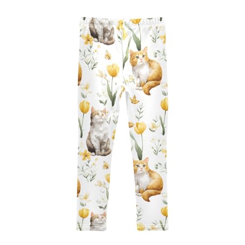 Floral Cat Tulip Girls Leggings Soft Stretch Workout Yoga Dance Pants for Kids Casual Tights2