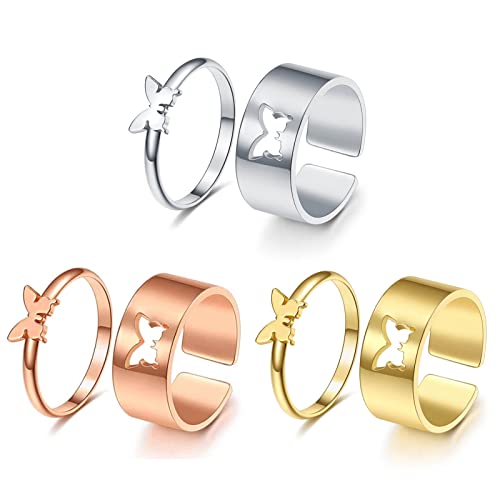 Ellxen 3 Paar Passende Schmetterlingsringe,kreativer Ausschnitt, passende Ringe,modischer Schmetterlingsschmuck, Freundschaftsringe,Mädchen Schmetterling Passender Ring Verstellbar Cover