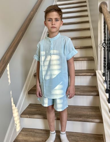 Image of Arshiner Boy's 2 Pieces Linen Sets Short Sleeve Henley Shirt and Shorts Summer Beach Matching Outfits 4-12 Years