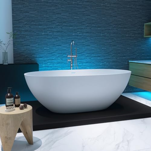 MEDUNJESS 65'' Freestanding Bathtub Resin Stone Soaking Freestanding Tubs Matte Solid Surface Flatbottom Tub with Overflow and Pop-up Drain - White…