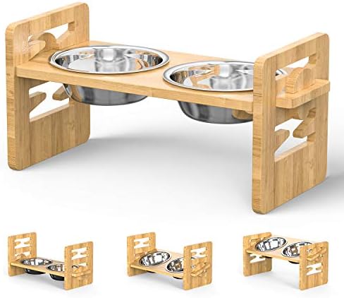 Elevated Dog Bowls, Raised Dog Bowls Pet Bowls with Stand for Dogs and Cats Adjustable Bamboo Feeder Dog Dishes with 2 Stainless Steel Bowls Dog Food and Water Bowls for Cat and Small&Medium Dog