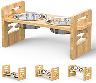 Elevated Dog Bowls, Raised Dog Bowls Pet Bowls with Stand for Dogs and Cats Adjustable Bamboo Feeder Dog Dishes with 2 Stainless Steel Bowls Dog Food and Water Bowls for Cat and Small&Medium Dog