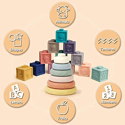 Mini Tudou Baby Blocks & Stacking Rings Toy Set, Baby Sensory Building & Teething Toys Educational Squeeze Play With Animals Shapes Textures Numbers, Best For Toddlers Babies 6M+ #TOP2