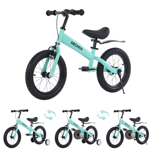 Image of MEGHNA 2 in 1 Toddler Balance Bike 14 inch Wheel Kids Bike Aged 3-7 Years Old with Footrest Detachable Training Wheels Caliper and Coaster Brake Strider Bike for Boys Girls, Easy to Assembly