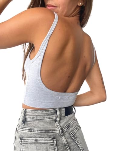 Sexy Strappy Backless Halter Crop Tank Top for Women: Basic, Sleeveless, Deep V, Going Out Crop Tops in Black, Grey, White (US, Alpha, X-Small, Regular, Regular, Grey)