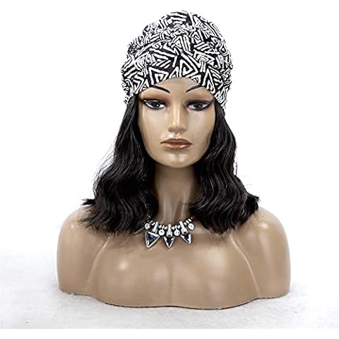 OYSRONG Long Black Color Curly Headband Afro Wig With Black/white Hair Cap Attached Wavy Wigs With Turban Head-wrap Wig Cover