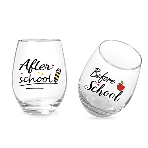 Before School After School Wine Glass, Teachers Gift Set For Women, 15 Oz Stemless Wine Glasses, Ideal Gift For Teacher Appreciation Day, Birthday, End Of Term, Christmas, Thanksgiving #TOP11