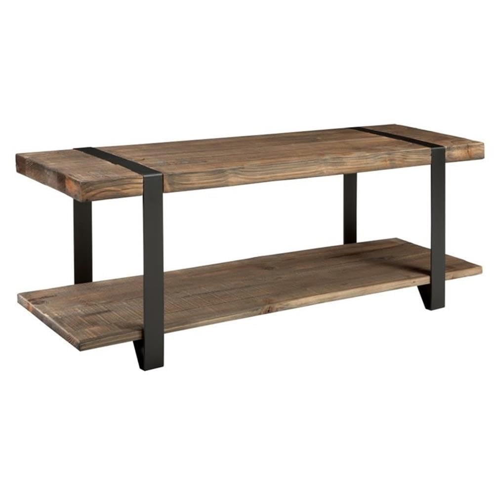 Modesto 48-Inch Solid Wood Entryway Bench with Storage Shelf – Rustic Natural Finish with Black Metal Legs and Strap Accent – Farmhouse Accent Bench