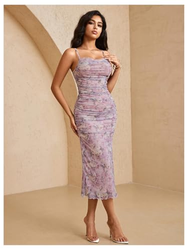 Image of Milumia Women's Elegant Floral Ruched Spaghetti Straps Cami Dress Fishtail Bodycon Midi Dresses