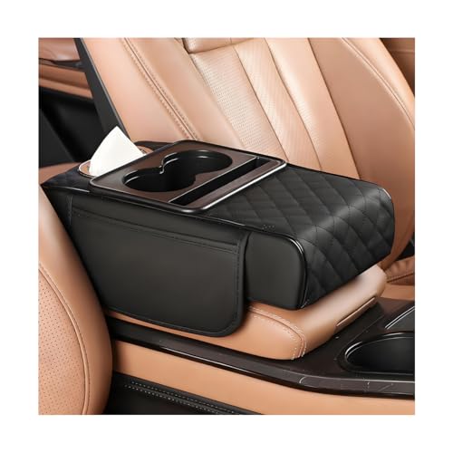 TNAIYH Car Armrest Cushion, 5-in-1 Nappa Leather Vehicle Centre Console Cover with 2 Storage Pockets, Cup Phone & Phone Holder, Multifunctional Auto Organiser Accessories, Universal Fit (Black)
