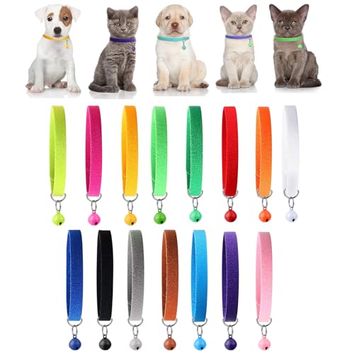 Mozeat Lens 15 Pcs Puppy Collars for Litter, Assorted Colors, Adjustable Whelping Collars with Bell, Soft Puppy ID Collars for Newborn Dog Kittens, 7.87 Inch
