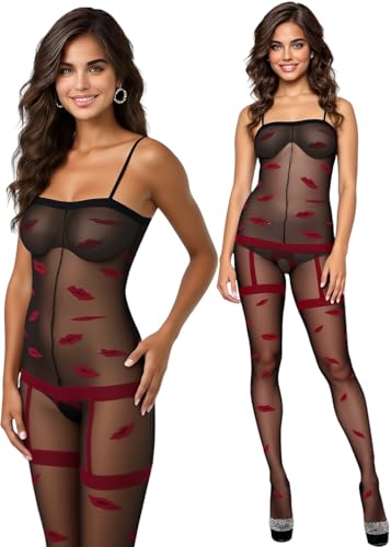 Image of ToBeInStyle Women's Assorted Bodystocking Sheer Opaque or Fishnet Crotchless Lingerie Bodysuit