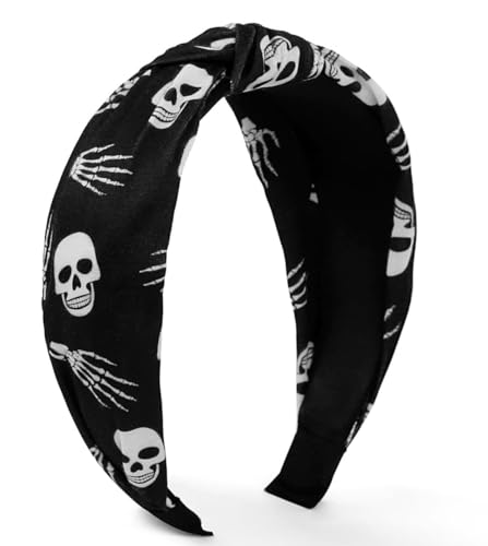 Huachi Halloween Headband for Women Knotted Headbands with Spooky Skull Print Cute Top Knot Headband for Girls Non Slip Halloween Hair Accessories