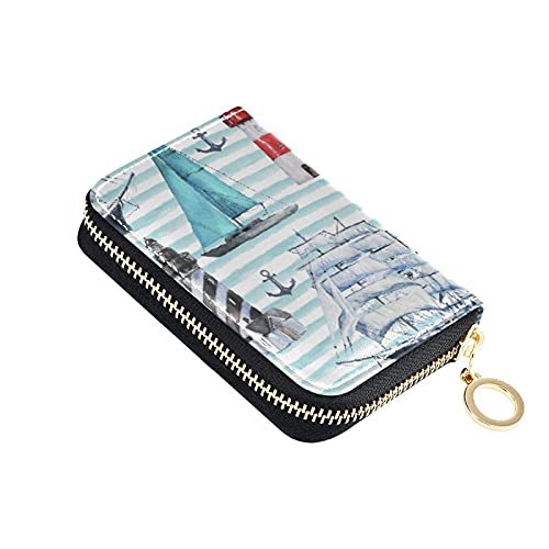 Boats Ships Vessels Nautical Acnhors Light House Credit Card Coin wallet, RFID Blocking Compact Women Leather Card Holder, Key Change Organizer, Zipper Purse Clutch Pouch Pocket