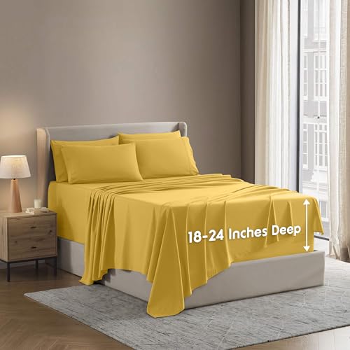 Image of Nestl Extra Deep Full Sheet Set - 6 Piece Breathable & Cooling Sheets - Hotel Luxury Bedding Set w /18-24 Inch Deep Pockets - Easy & Secure Fit - Super Soft, Wrinkle Free & Comfy - Yellow