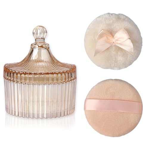 SUMTree Glass Body Powder Puffs and Container Dusting Powder Container with 2 Puffs Washable and Reusable for Women Empty Talcum Box Container for Baby Small Amber