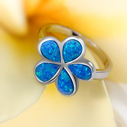 Aloha Jewelry Company 925 Sterling Silver Opal Hawaiian Plumeria Flower Wedding Band Promise Ring, White Blue Opal, Nickel Free Hypoallergenic for Sensitive Skin, Gift Box Included2