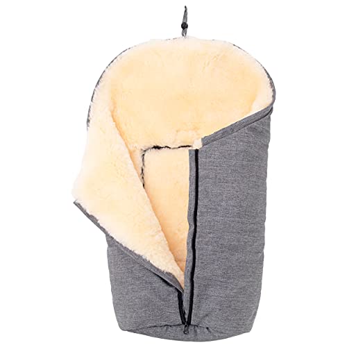 Merauno®Lammfell-Fußsack für Kinderwagen, Fußsack aus Leinen, graue Farbe, echtes Schaffell, Kinderwagen, warmer, winddichter Babyschlafsack