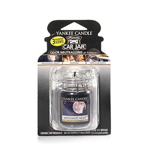 Image of Yankee Candle Car Jar Ultimate 3-Pack, Leather, MidSummer's Night, New Car Scent, Hanging Auto Air Freshener, Odor Neutralizing, Up to 30 Days Freshness