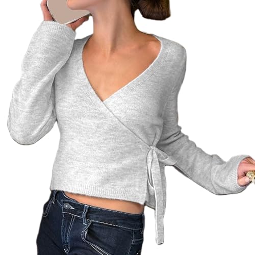 Women Y2K Wrap Cardigan Fairy V Neck Side Tie Long Sleeve Loose Fit Crop Sweater Top Preppy Fall Winter Knitwear