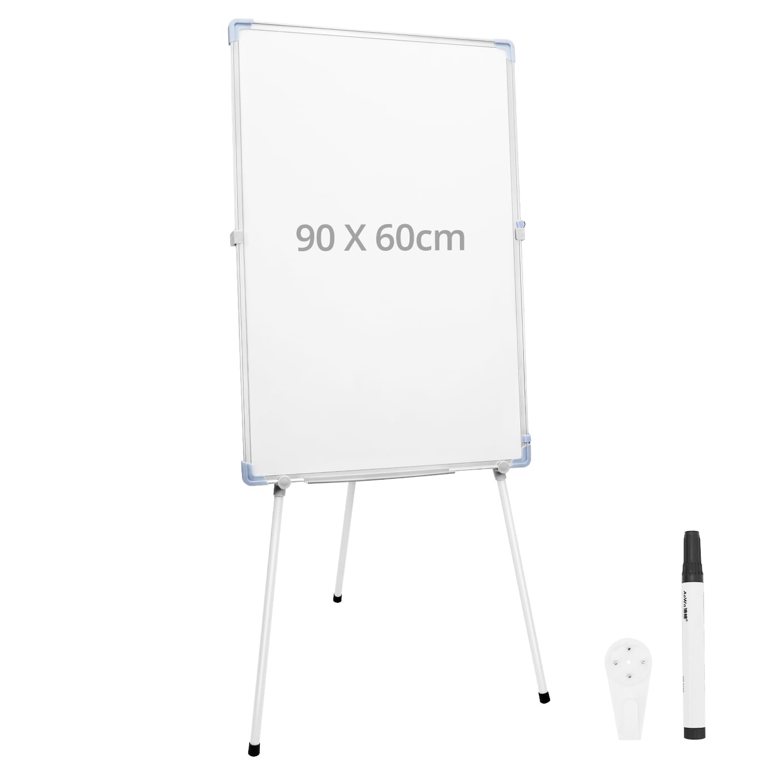 QWORK® Pizarra Blanca Con Soporte Para Rotafolios 90x60 cm, Altura Ajustable, 5 Bolígrafos, 1 Borrador y 2 Clavos Que No Dejan Marcas