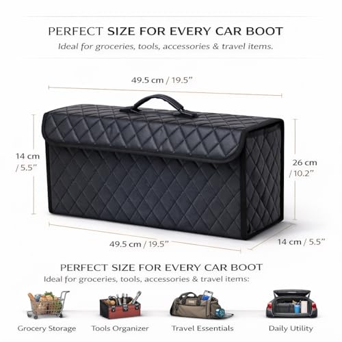 Image of JVCV PU Leather Car Trunk Boot Organizer Bag Box, With Lid Anti Slip Car Accessories Organizer, Foldable, Waterproof Storage Box for Car, Suv, Sedan, Truck, Minivan (Large - PU Leather).