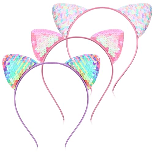 LXUEJIE Lot de 3 serre-têtes avec oreilles de chat à paillettes - Bandeau à paillettes - Pour anniversaire, fête, cosplay