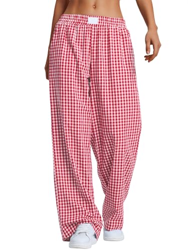 Rapbin Womens Casual Plain Wide Leg Pajama Lounge Pants Pyjamas Bottoms Gingham Cotton Trousers with Pockets Red