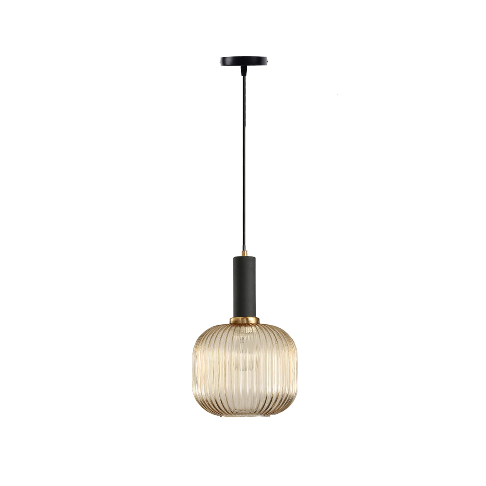 Pendant Light Black Lamp Holder and Glass Striped Light Shade Modern Pendant Lighting for Kitchen Island Farmhouse Hanging Lights Fixtures (M, Amber)