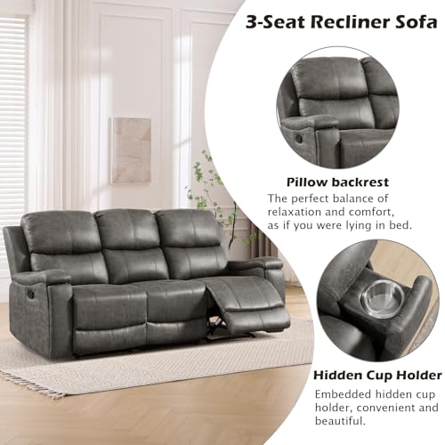 Image of CANMOV Faux Leather Manual Reclining Sofa,3 Seat Recliner Couch Sofa with Overstuffed Arms and Back,Manual Recliner Sofa Set with Concealed Cup Holders for Living Room,Grey